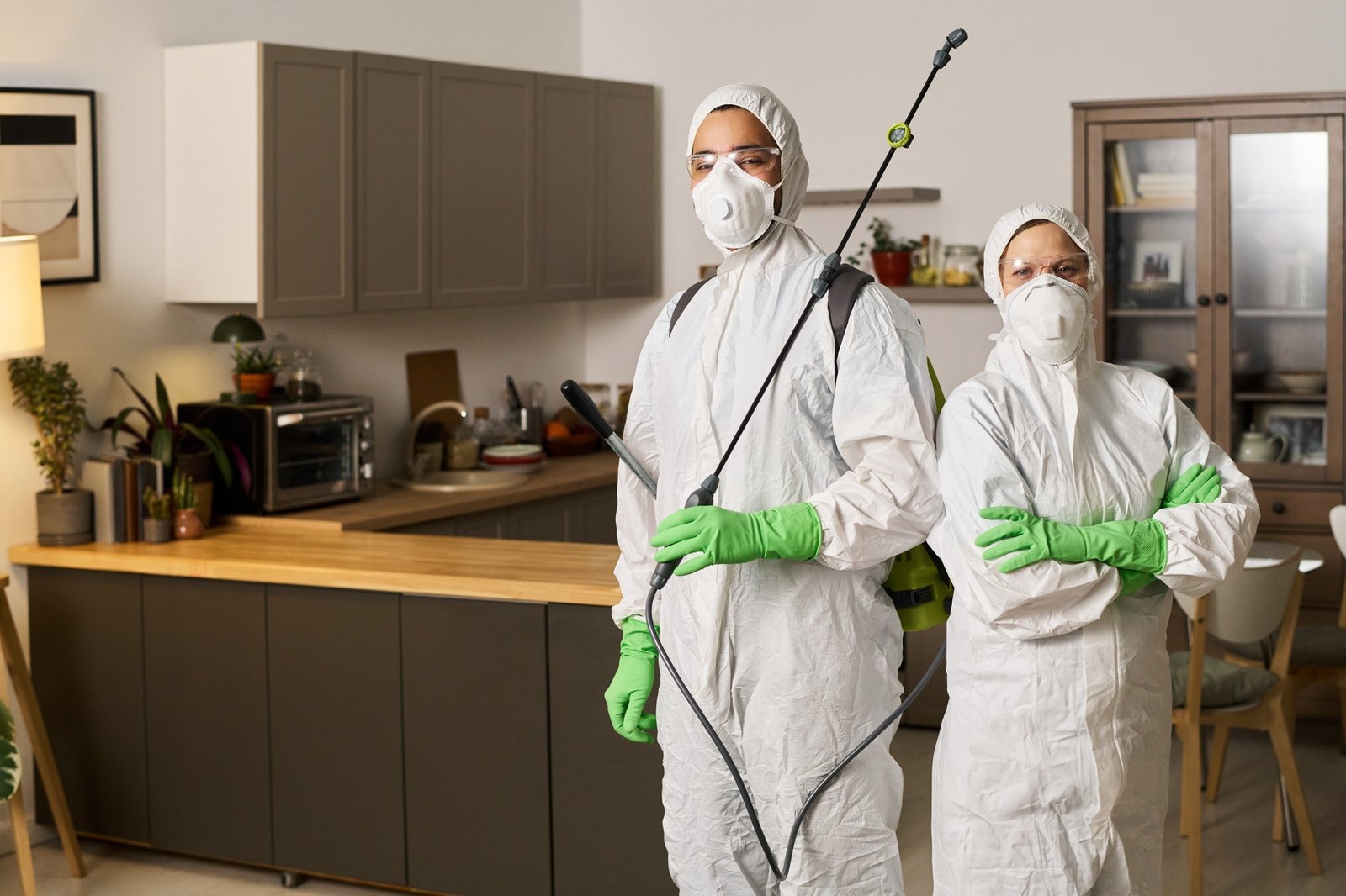 Cleaning Workers Disinfecting Apartment In Team